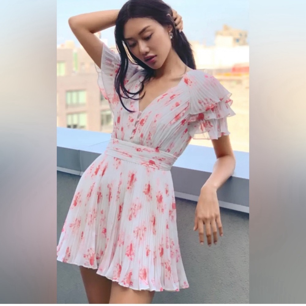 Self-Portrait Cream Pleated Tie Front Mini Dress